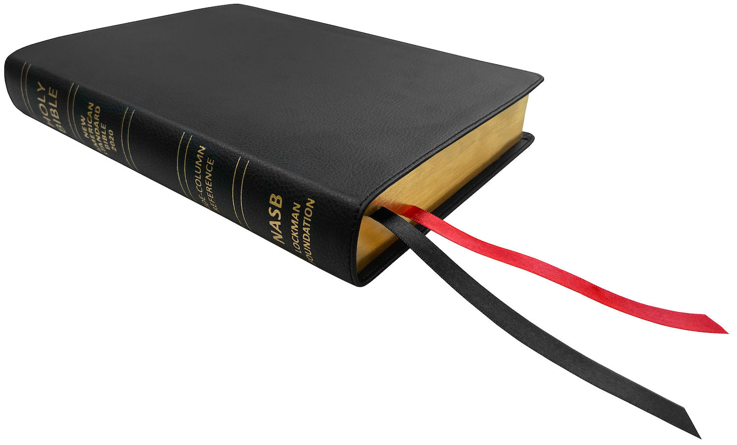 NASB 2020 Side Column Reference Bible, black genuine cowhide leather, angled side view with ribbon markers