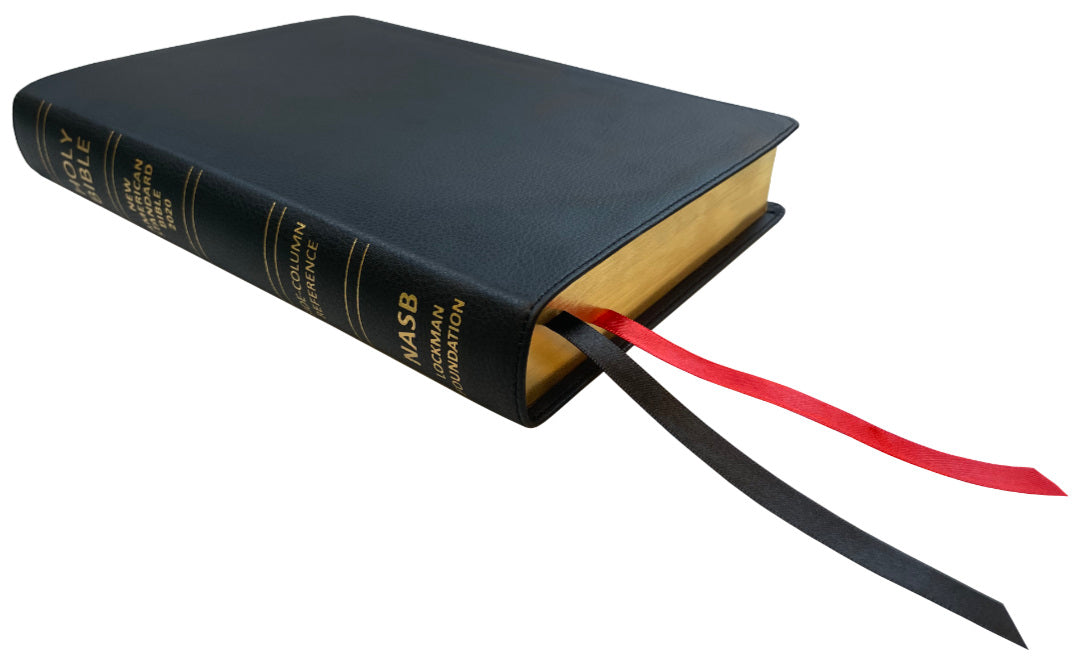 NASB 2020 Side Column Reference Bible, black genuine cowhide leather, angled side view with ribbon markers