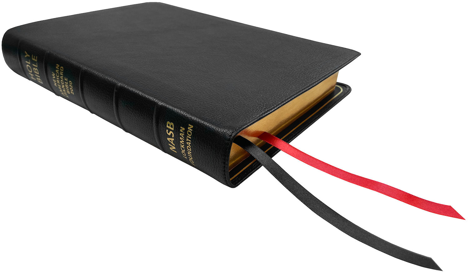 NASB 2020 Prime Side Column Reference Bible, black premium goatskin leather, angled side view with ribbon markers