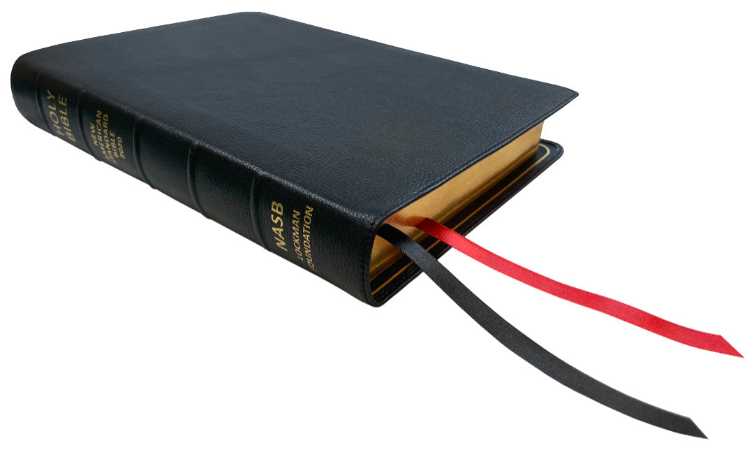 NASB 2020 Prime Side Column Reference Bible, black premium goatskin leather, angled side view with ribbon markers