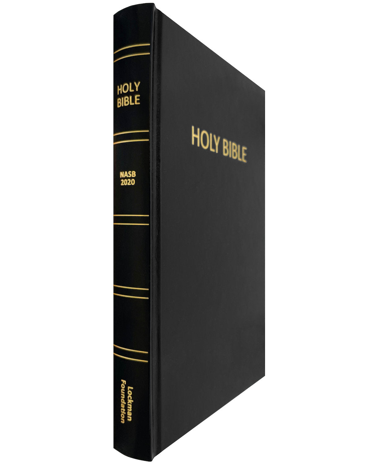 NASB 2020 Pew Bible, black hardcover, angled side view