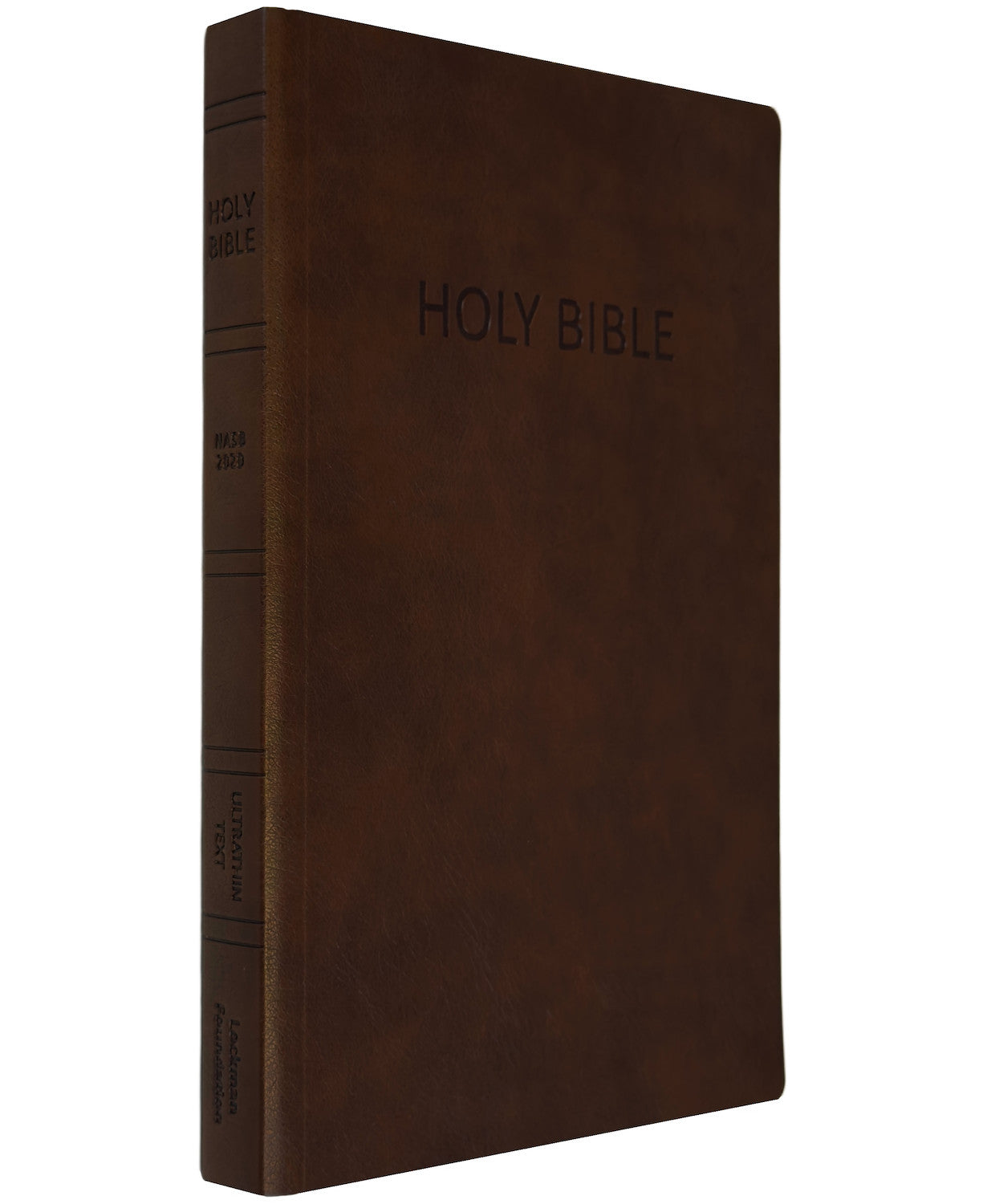 NASB 2020 Ultrathin Text Bible, brown leathertex cover, angled side view