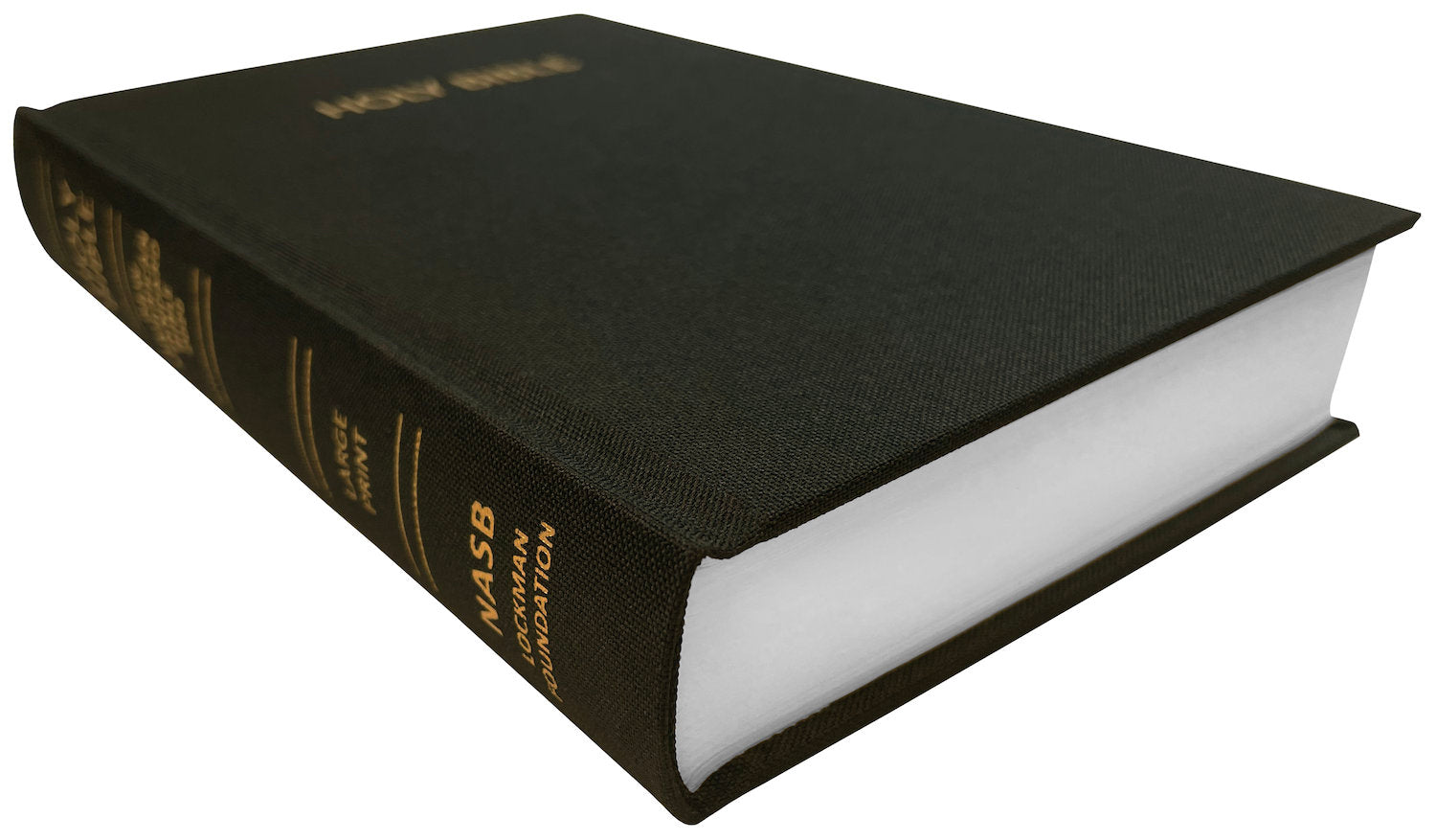 NASB 2020 Large Print Pew Bible, black linen cloth hardcover, angled side view