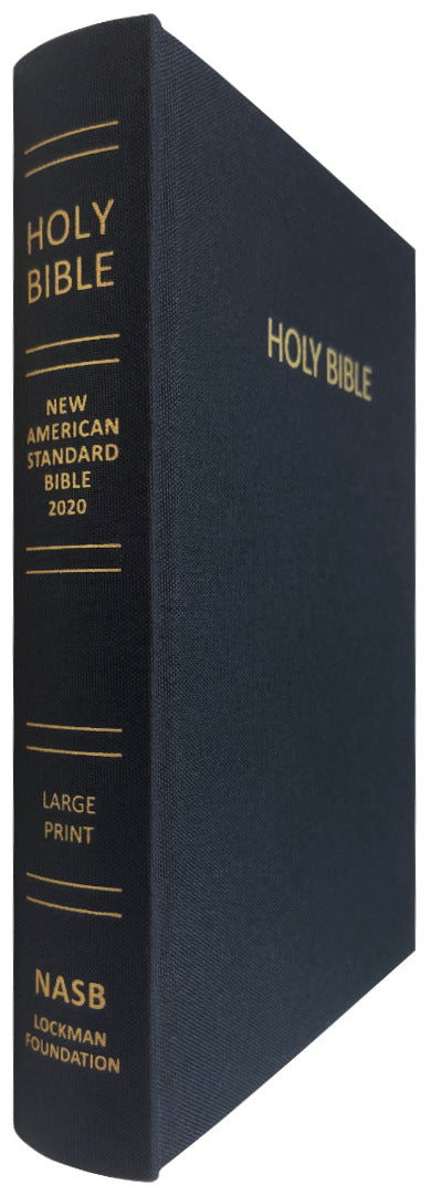 NASB 2020 Large Print Pew Bible, black linen cloth hardcover, angled view of spine and front cover