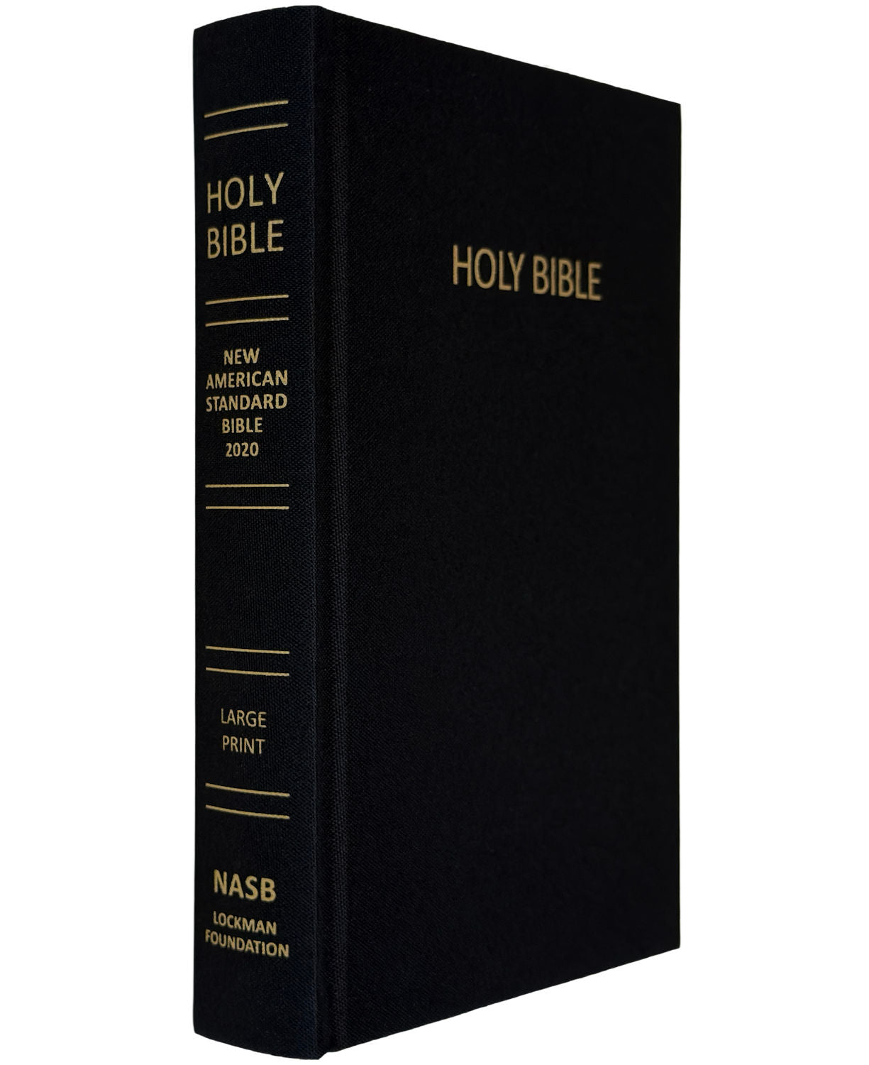 NASB 2020 Large Print Pew Bible, black linen cloth hardcover, angled view of spine and front cover