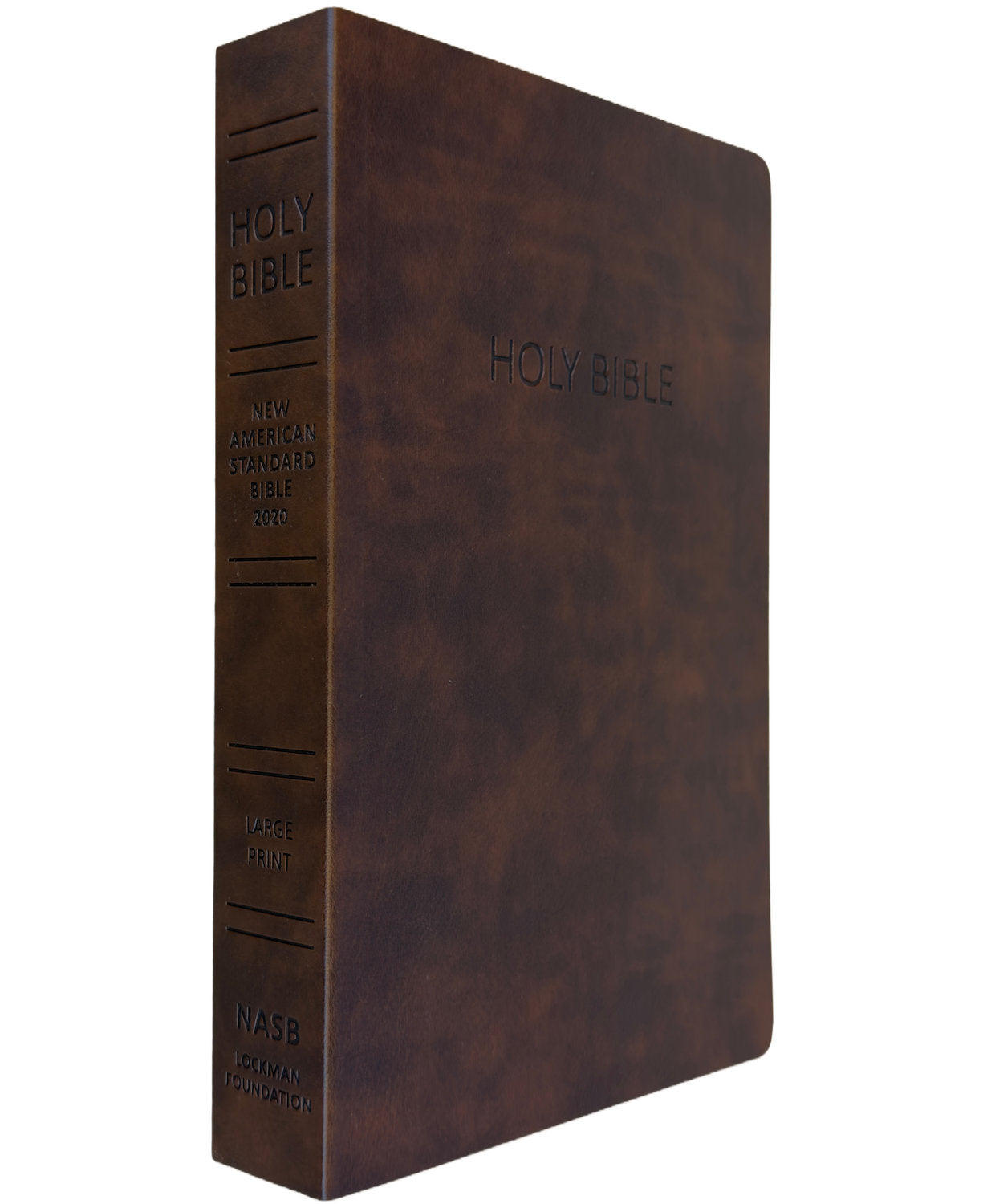 NASB 2020 Large Print Text Bible, brown leathertex, angled side view of spine and front cover