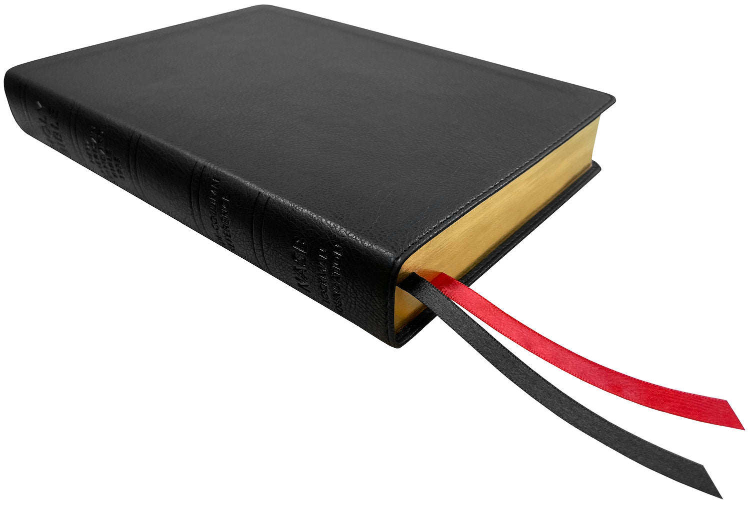NASB 1995 Side Column Reference Bible, black leathertex, angled side view with ribbon markers