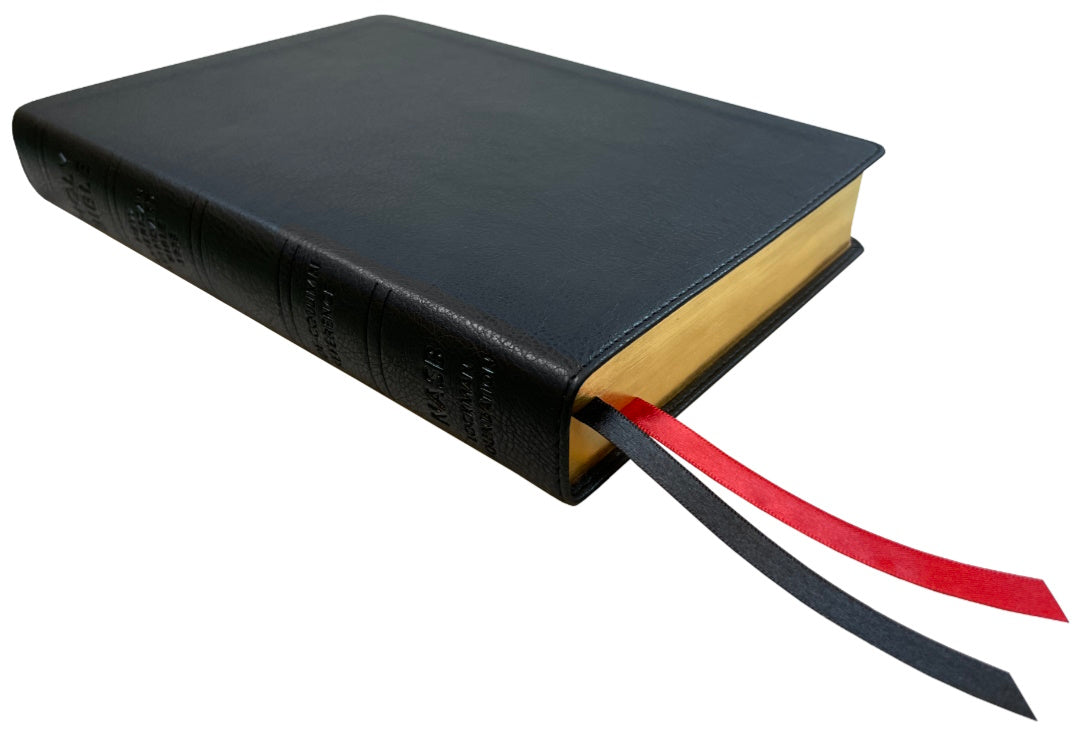 NASB 1995 Side Column Reference Bible, black leathertex, angled side view with ribbon markers
