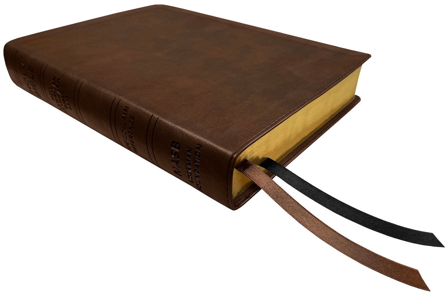 NASB 1995 Side Column Reference Bible, brown leathertex, angled side view with ribbon markers