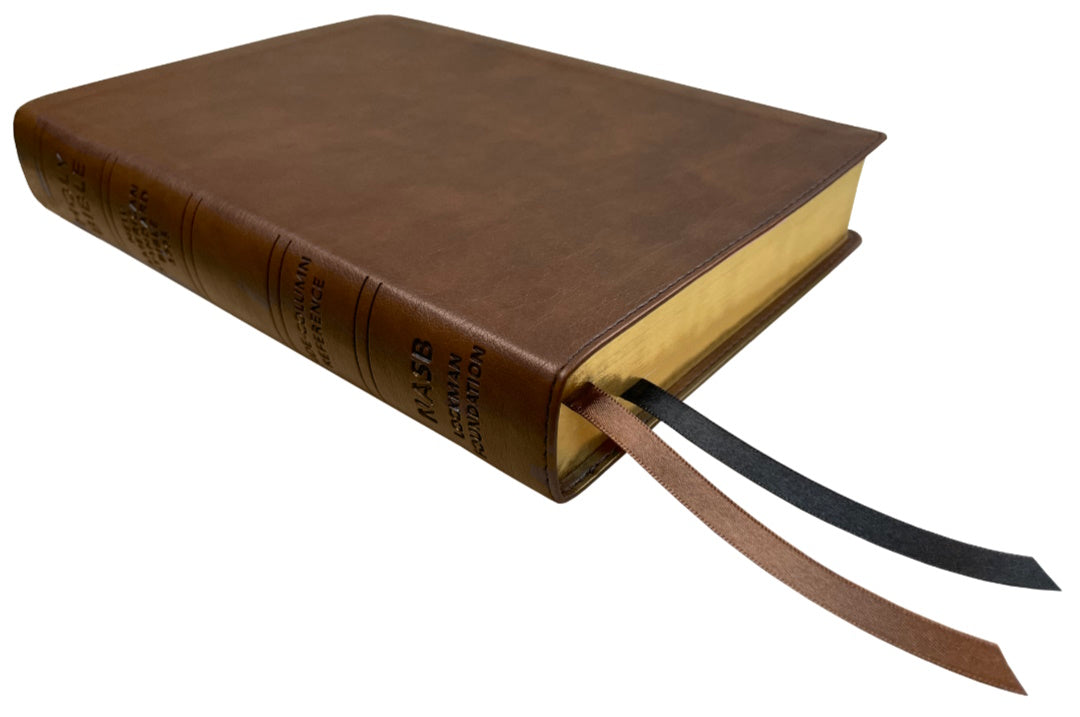 NASB 1995 Side Column Reference Bible, brown leathertex, angled side view with ribbon markers