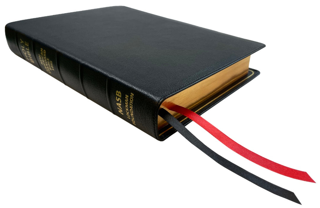 NASB 1995 Prime Side Column Reference Bible, black premium goatskin leather cover angled side view with ribbon markers