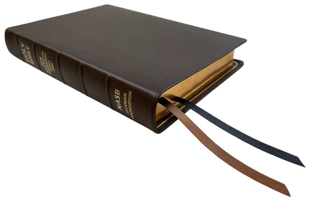 NASB 1995 Prime Side Column Reference Bible, brown premium goatskin leather cover angled side view with ribbon markers