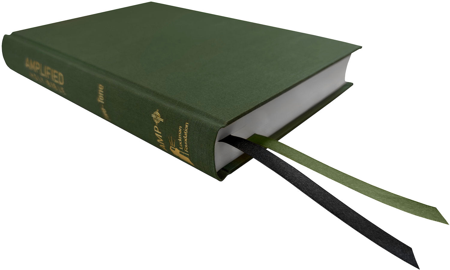 Amplified Two-Tone Bible, olive linen hardcover, angled side view with ribbon markers