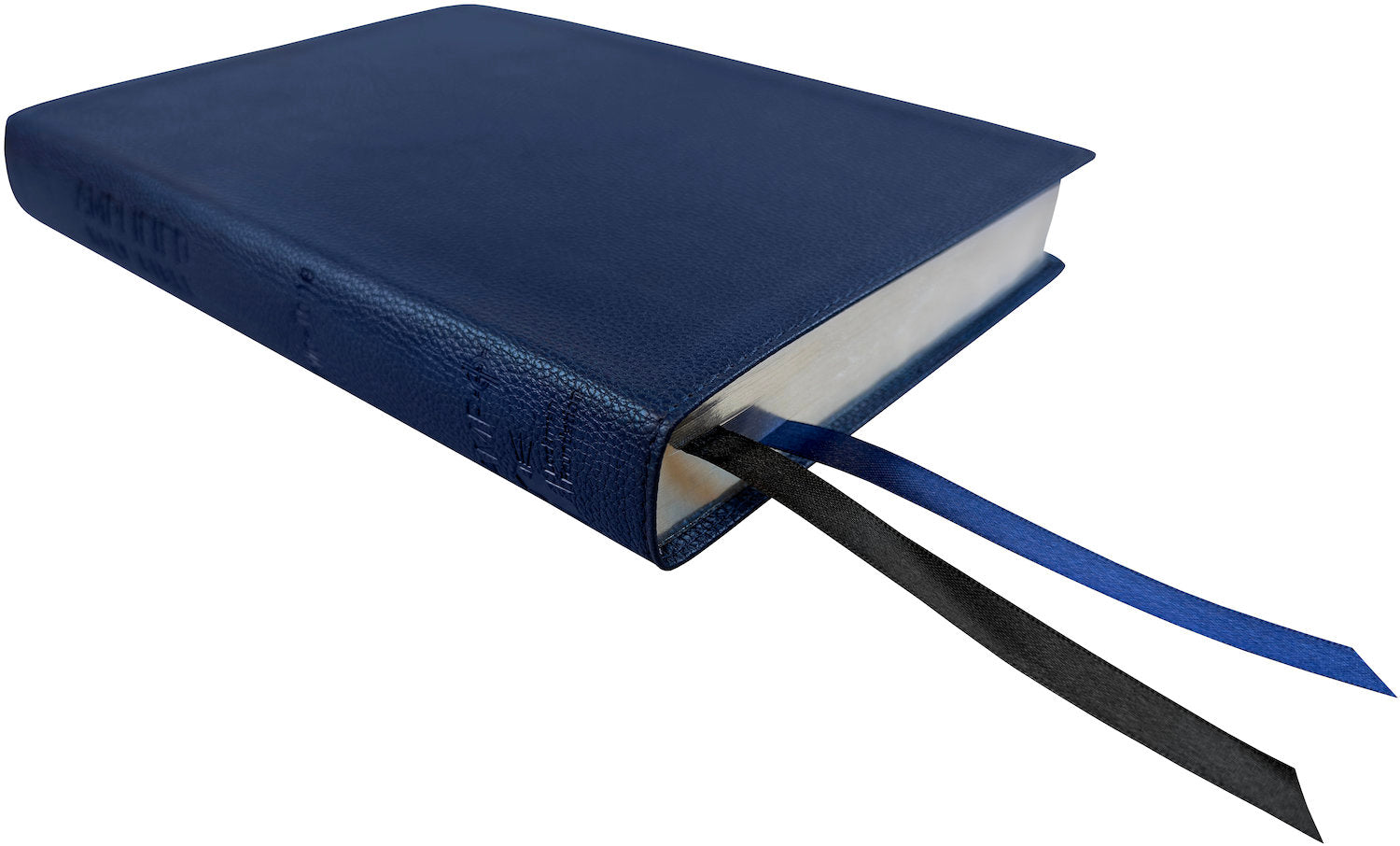 Amplified Two-Tone Bible, blue leathertex, angled side view with ribbon markers