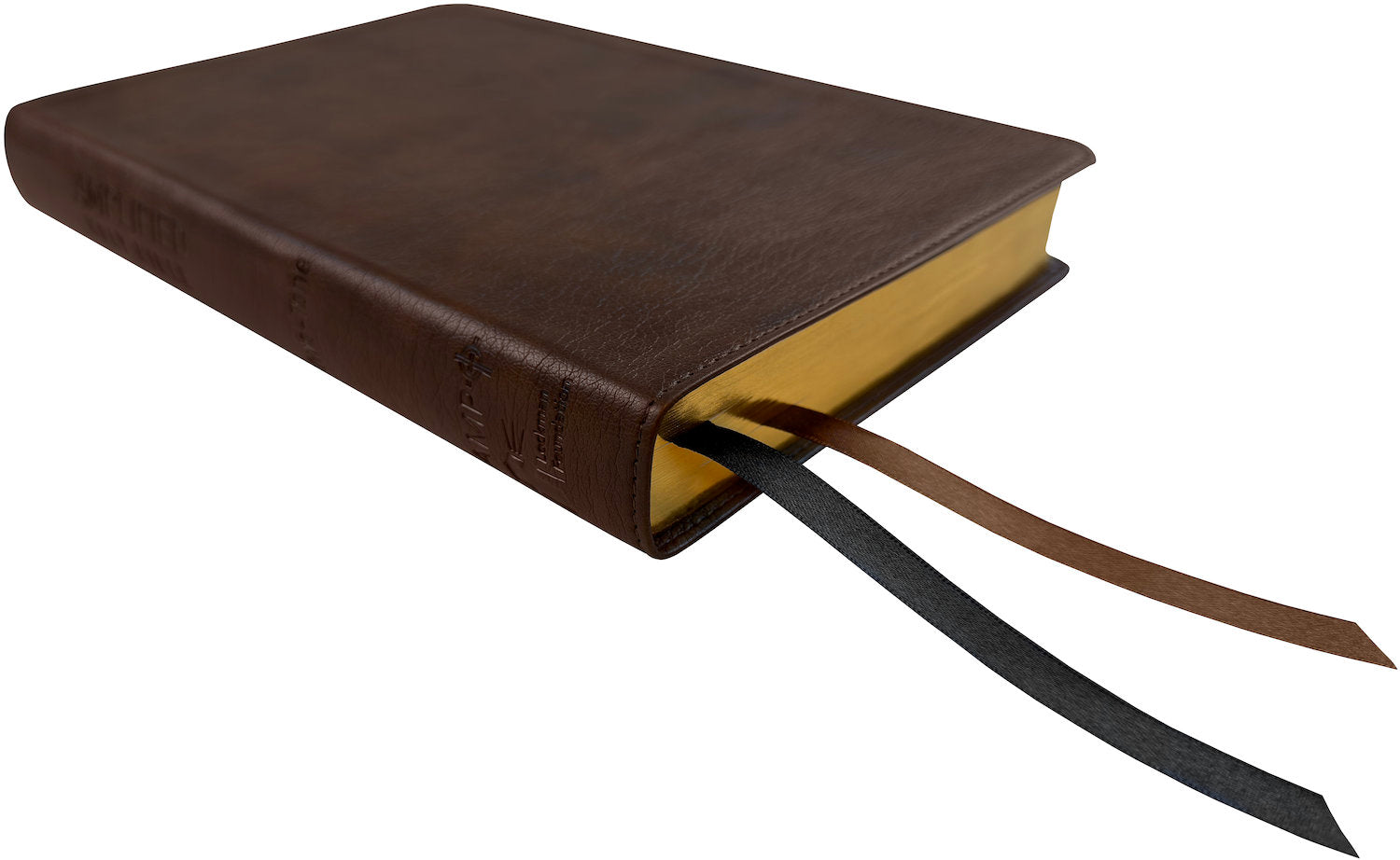 Amplified Two-Tone Bible, brown leathertex, angled side view with ribbon markers
