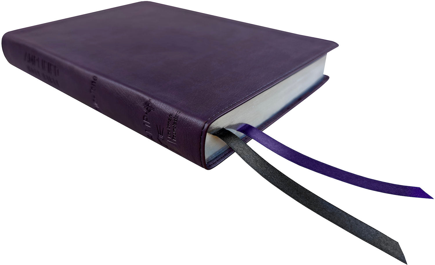 Amplified Two-Tone Bible, purple leathertex, angled side view with ribbon markers