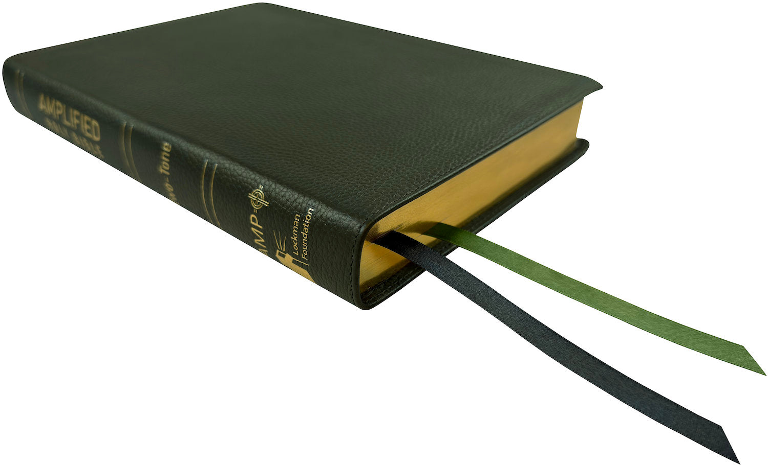 Amplified Two-Tone Bible, green genuine cowhide leather, angled side view with ribbon markers