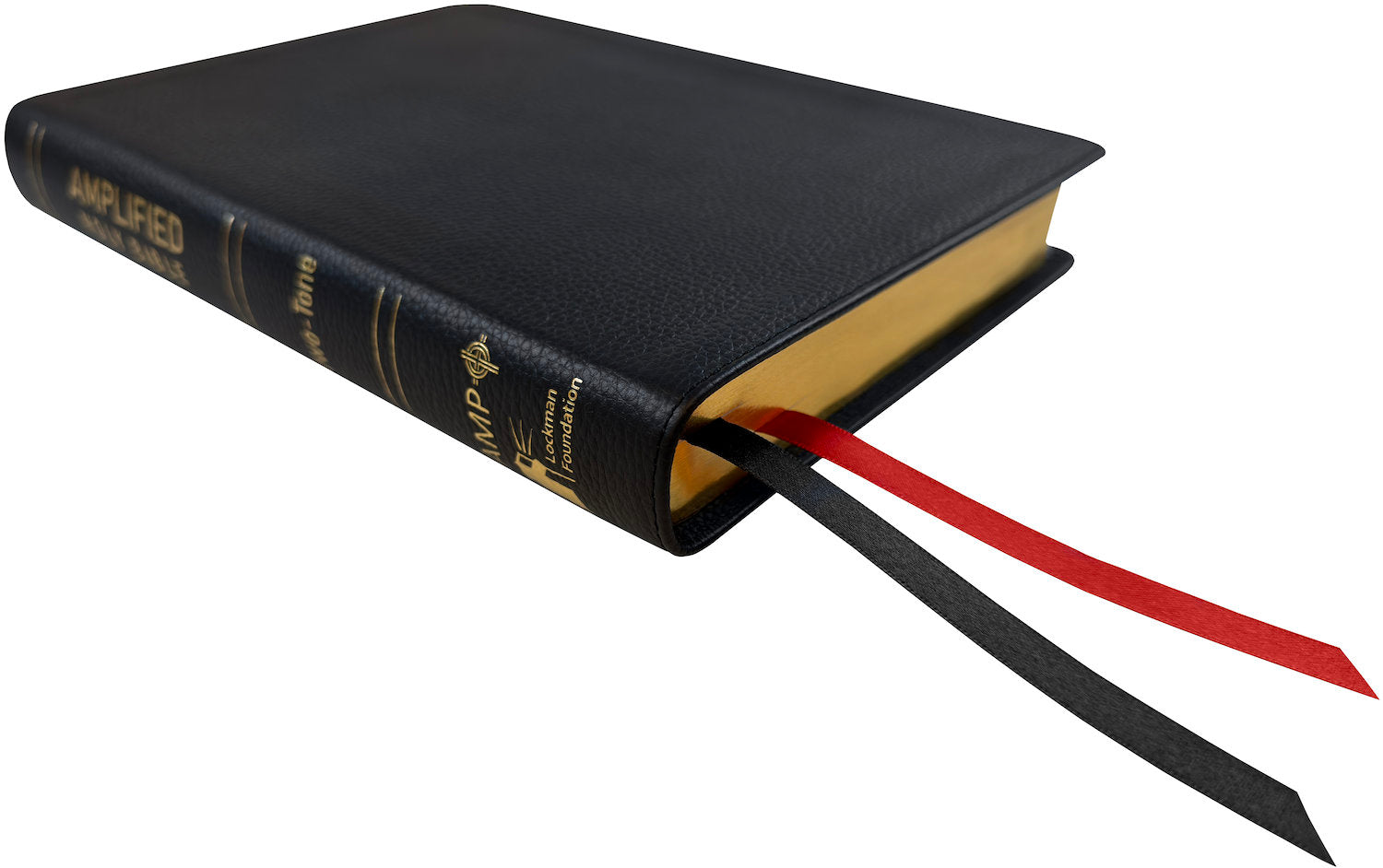 Amplified Two-Tone Bible, black genuine cowhide leather, angled side view with ribbon markers