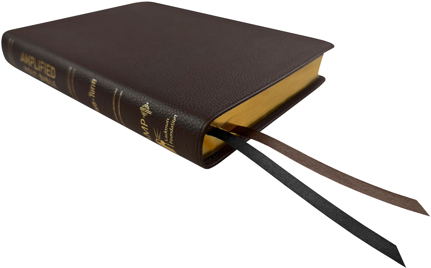 Amplified Two-Tone Bible, brown genuine cowhide leather, angled side view with ribbon markers