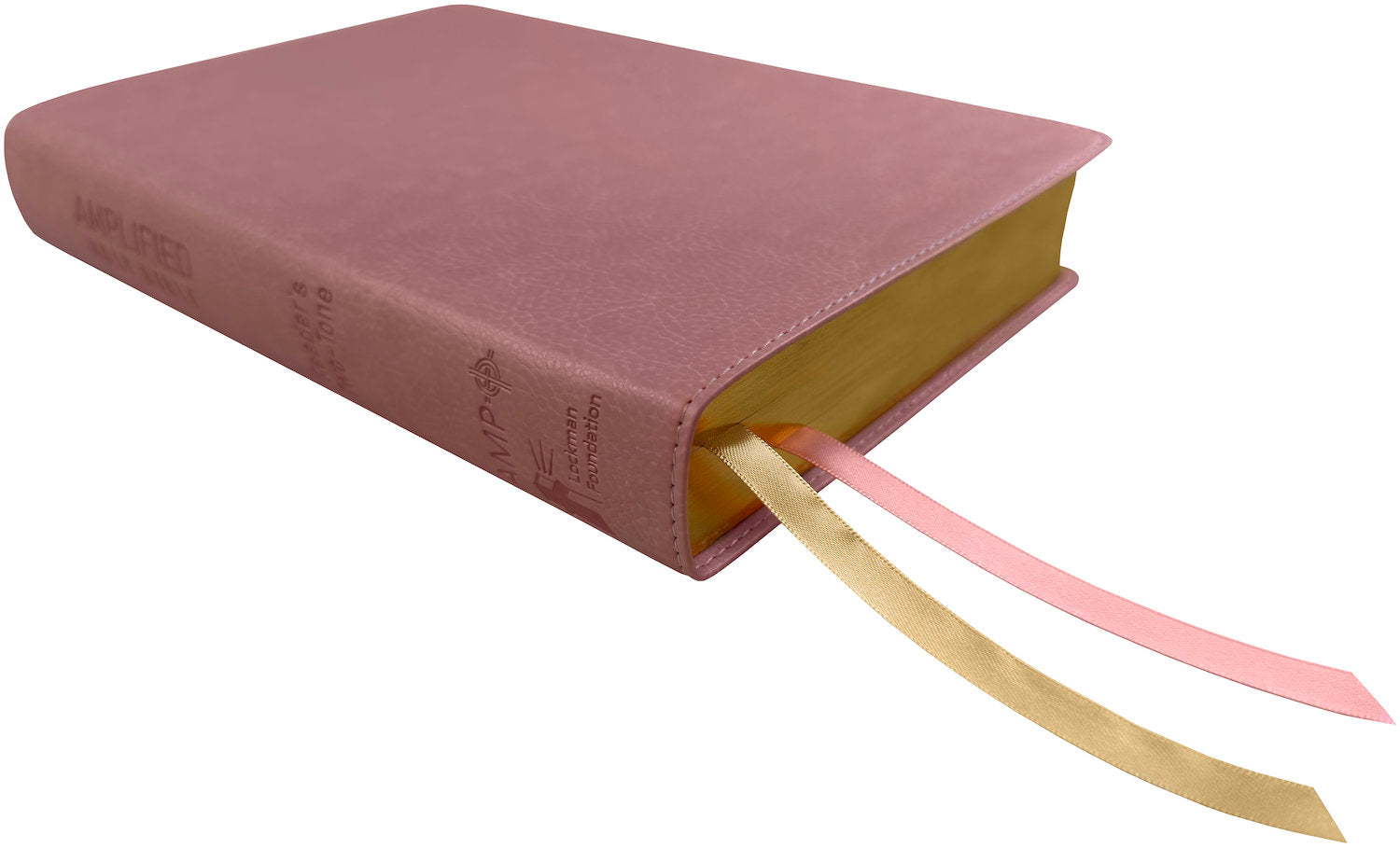 Amplified Readers Two-Tone Bible, pink leathertex, angled side view with ribbon markers