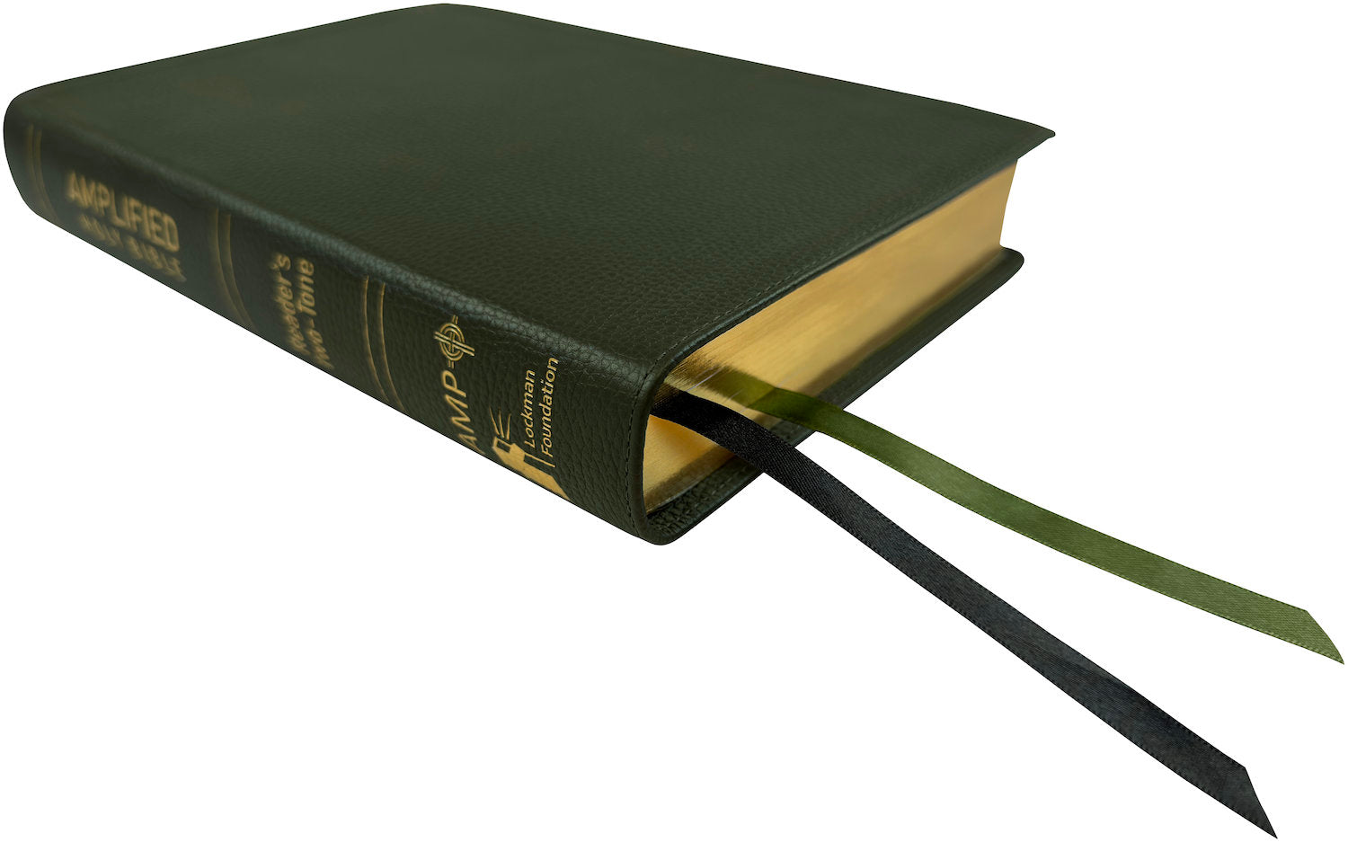 Amplified Readers Two-Tone Bible, green genuine cowhide leather, angled side view with ribbon markers