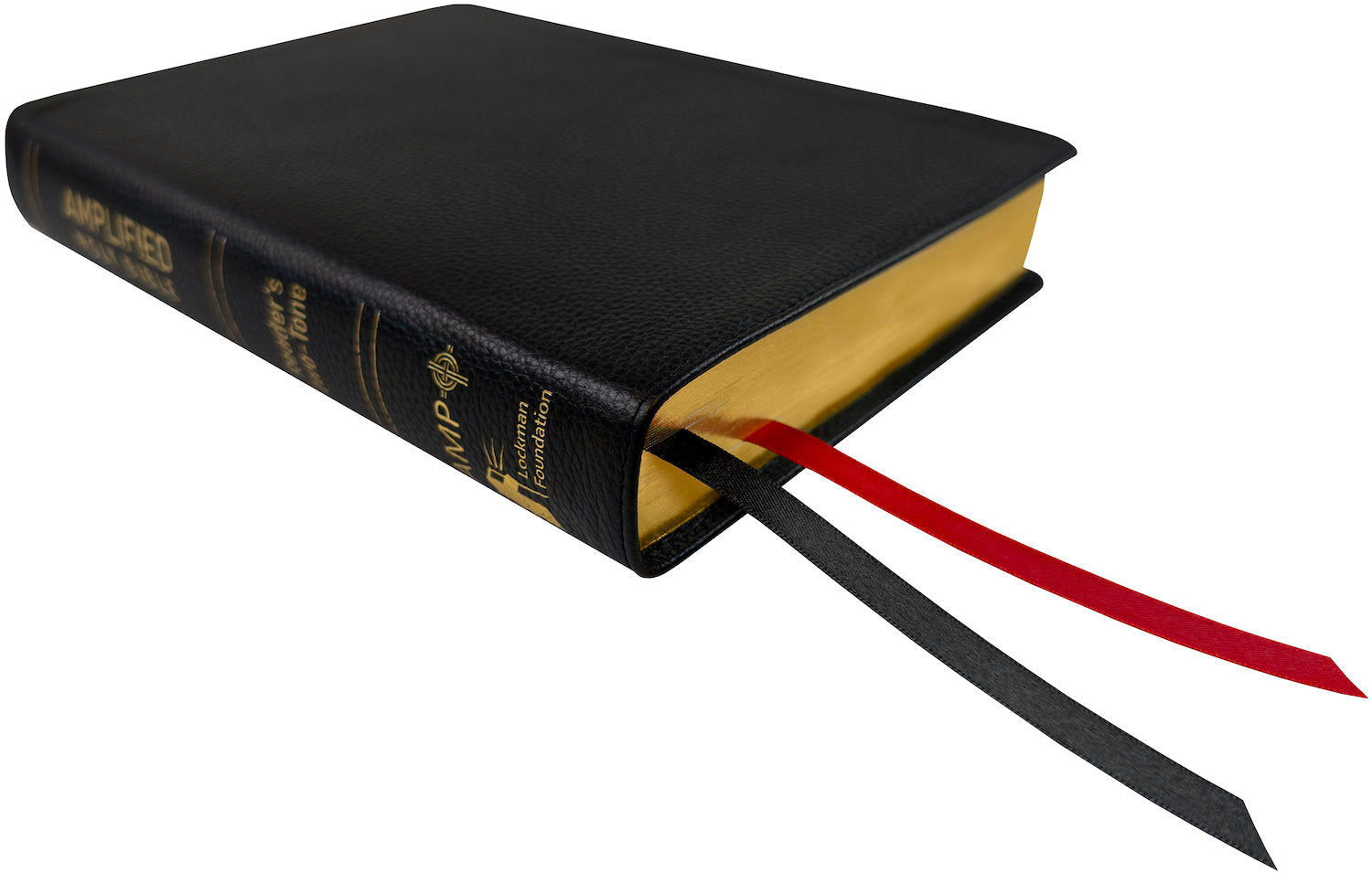 Amplified Readers Two-Tone Bible, black genuine cowhide leather, angled side view with ribbon markers