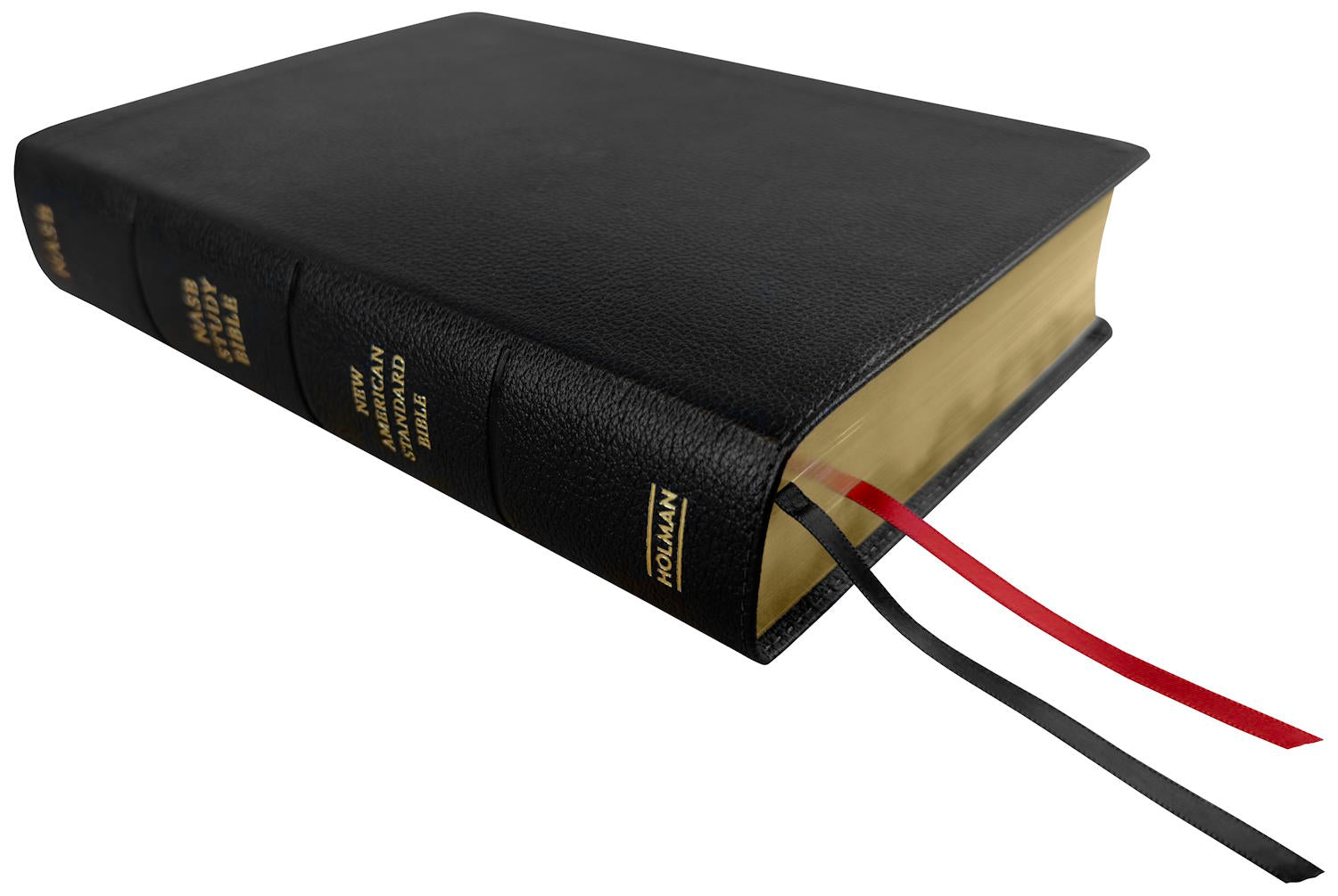 NASB 2020 Study Bible, black genuine cowhide leather, angled side view with ribbon markers