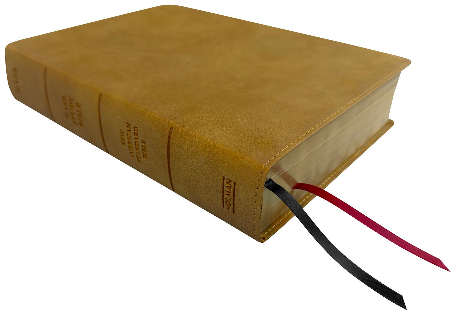 NASB 2020 Study Bible, camel leathertex, angled side view with ribbon markers