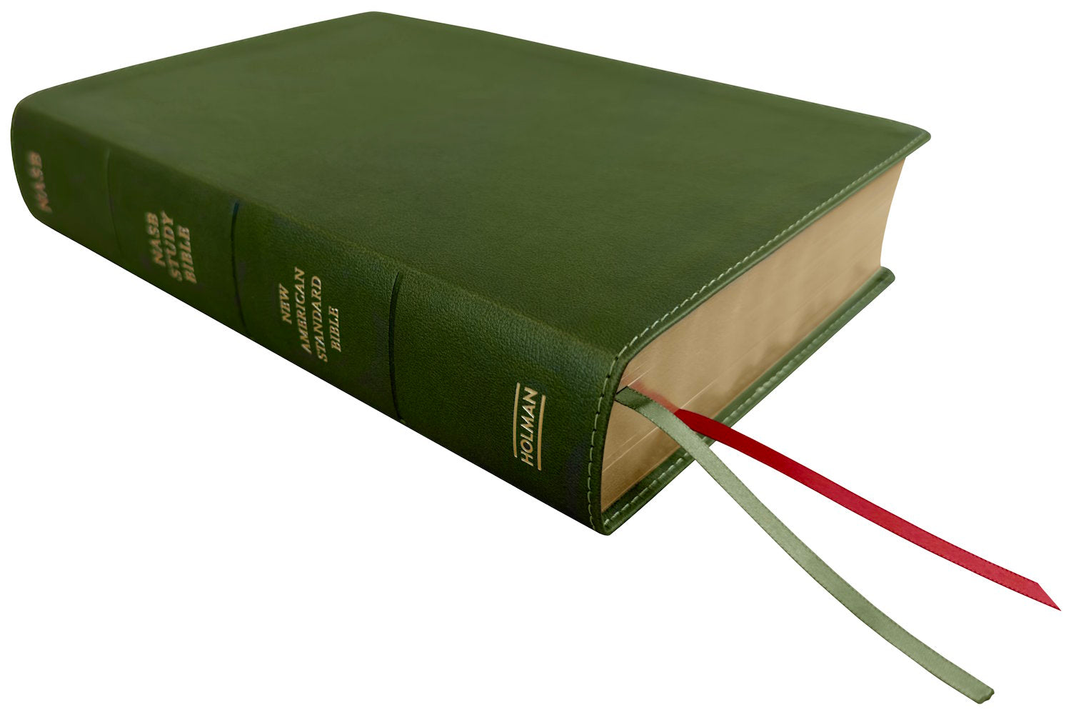 NASB 2020 Study Bible, olive leathertex, angled side view with ribbon markers