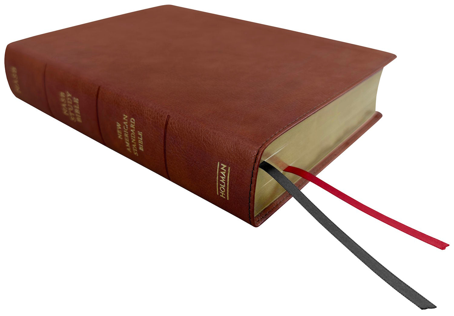 NASB 2020 Study Bible, burnt sienna leathertex, angled side view with ribbon markers