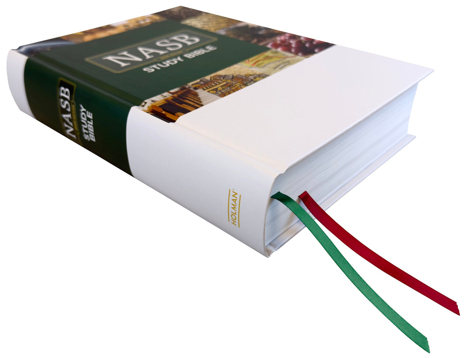 NASB 2020 Study Bible, colorful hardcover, angled side view with ribbon markers