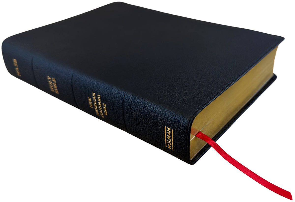 NASB 2020 Super Giant Print Reference Bible, black genuine cowhide leather cover, angled side view with ribbon marker