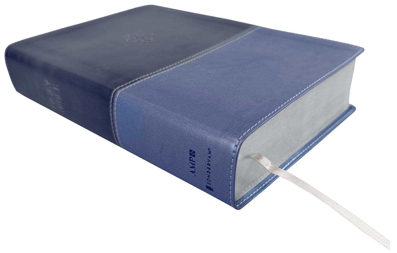 Amplified Study Bible, purple leathertex, angled side view with ribbon markers