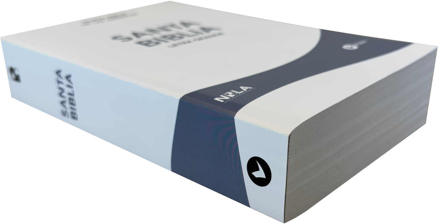 NBLA Large Print Outreach Bible, white paperback, angled side view