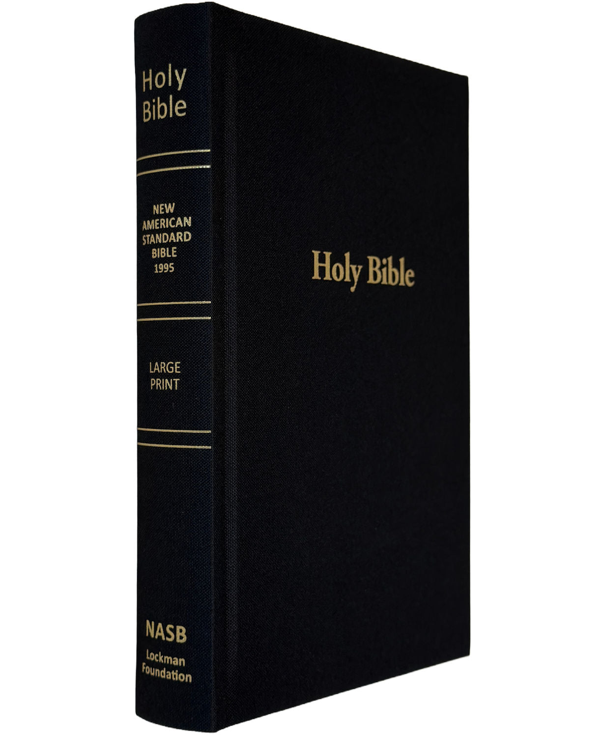NASB 1995 Large Print Pew Bible, black linen cloth hardcover, angled view of spine and front cover