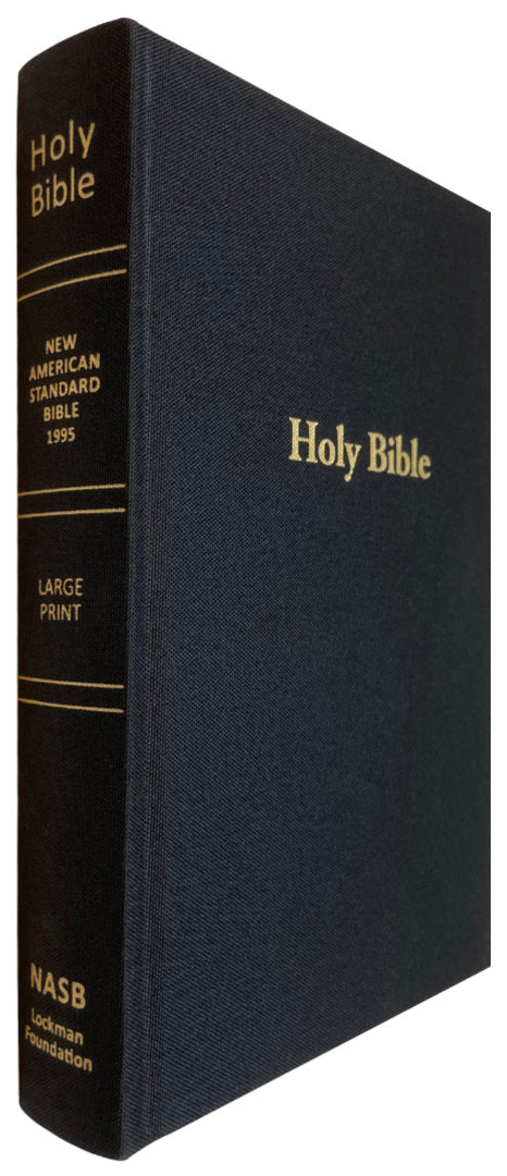 NASB 1995 Large Print Pew Bible, black linen cloth hardcover, angled view of spine and front cover