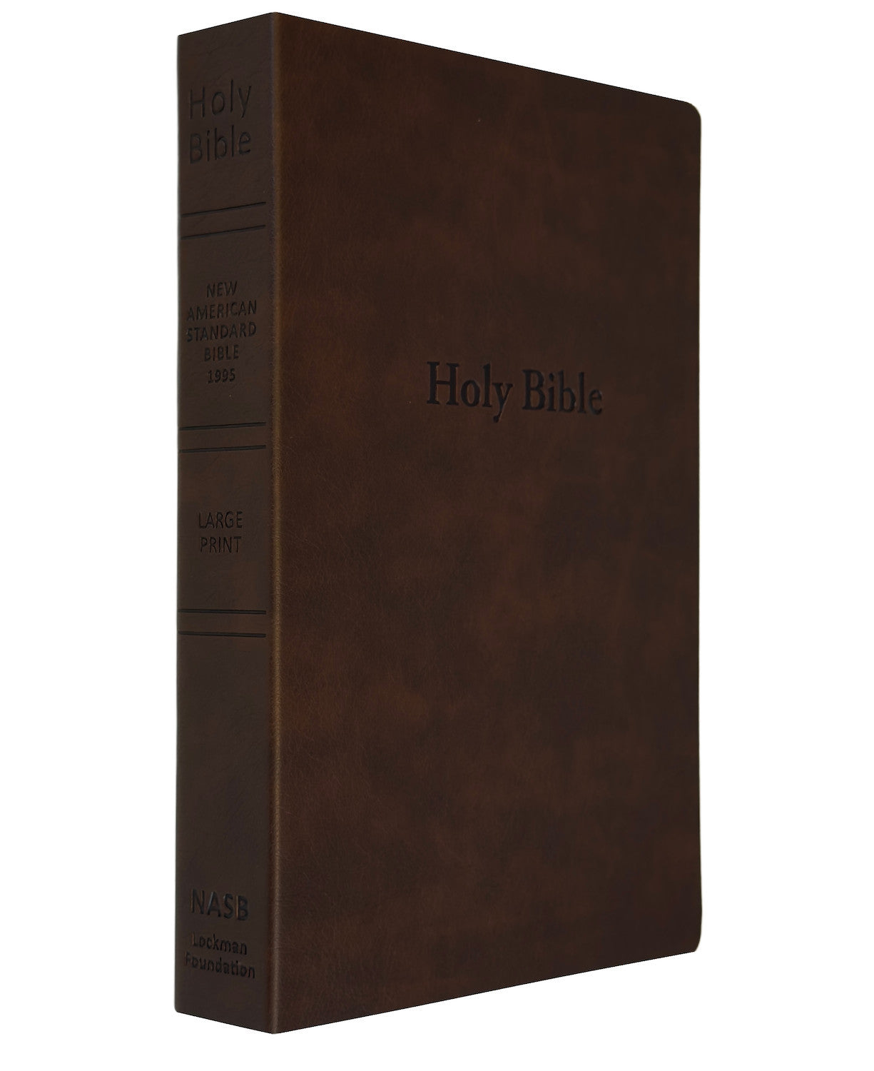 NASB 1995 Large Print Text Bible, brown leathertex, angled side view of spine and front cover