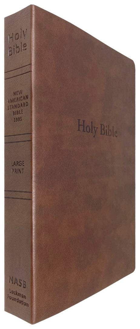 NASB 1995 Large Print Text Bible, brown leathertex, angled side view of spine and front cover