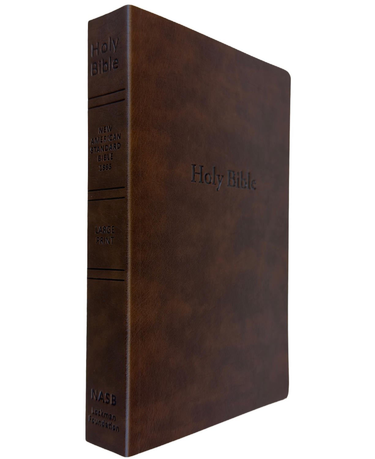 NASB 1995 Large Print Text Bible, brown leathertex, angled side view of spine and front cover