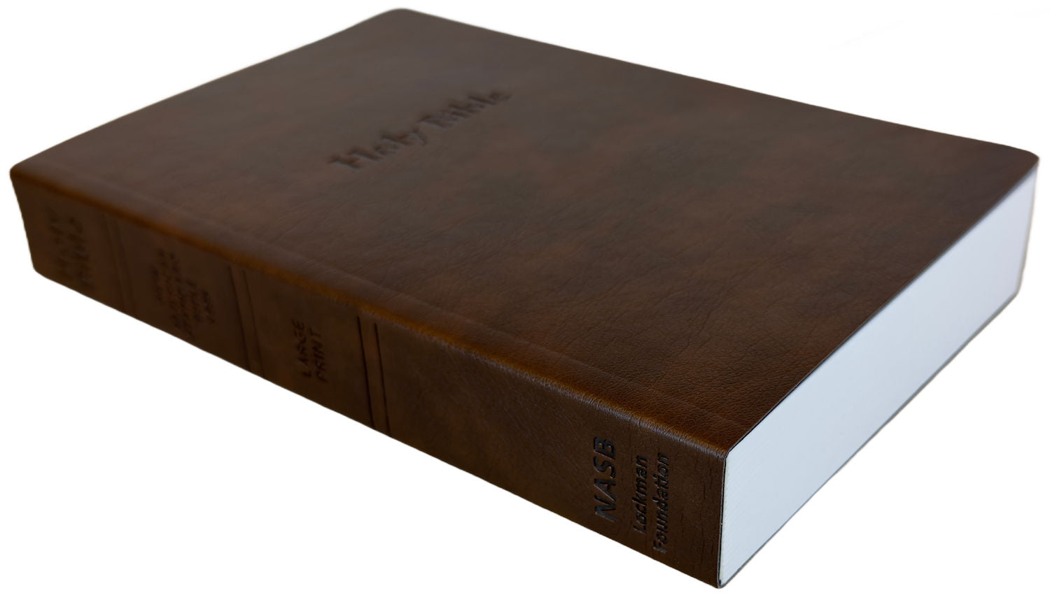 NASB 1995 Large Print Text Bible, brown leathertex, angled side view