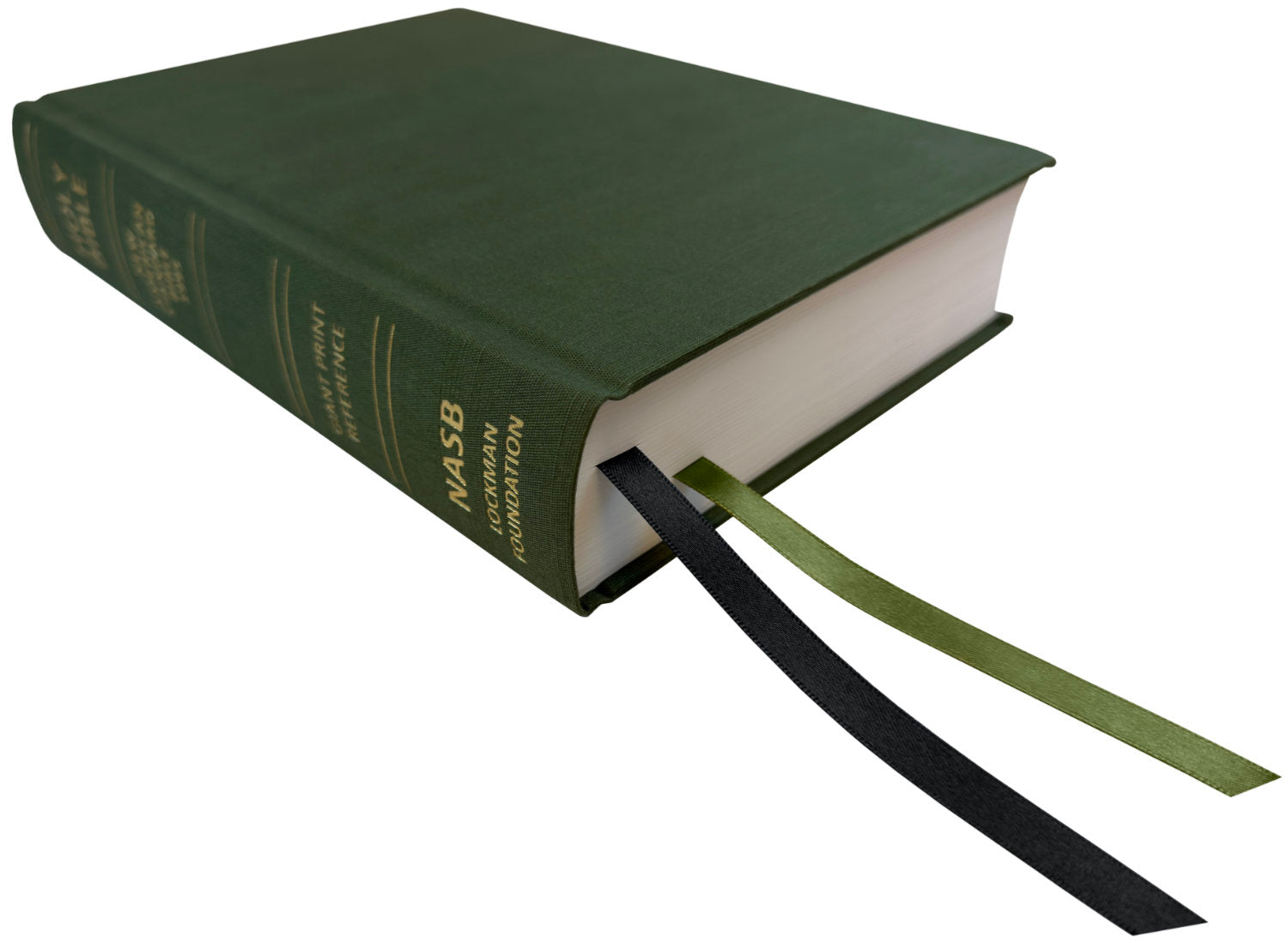 NASB 1995 Giant Print Reference Bible, olive linen hardcover, angled side view with ribbon markers