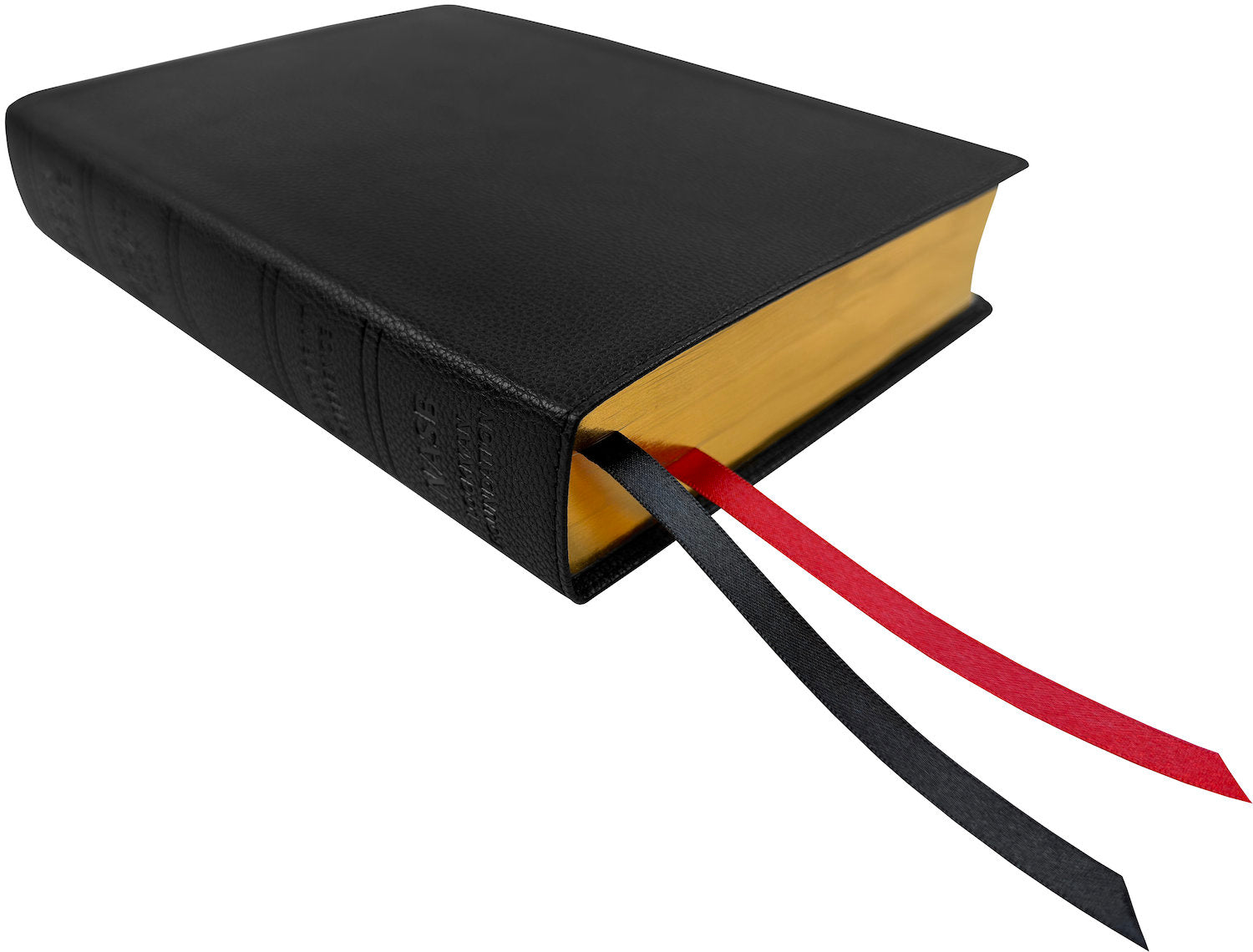 NASB 1995 Giant Print Reference Bible, black leathertex, angled side view with ribbon markers