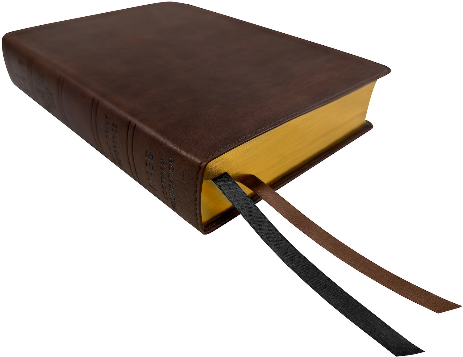 NASB 1995 Giant Print Reference Bible, brown leathertex, angled side view with ribbon markers