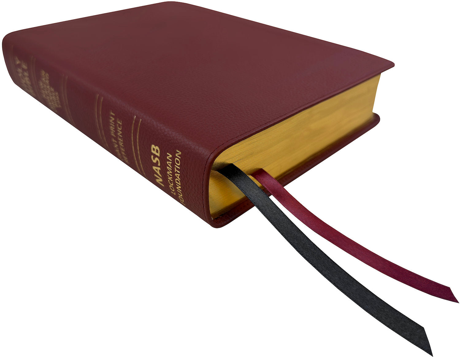 NASB 1995 Giant Print Reference Bible, burgundy genuine cowhide leather, angled side view with ribbon markers