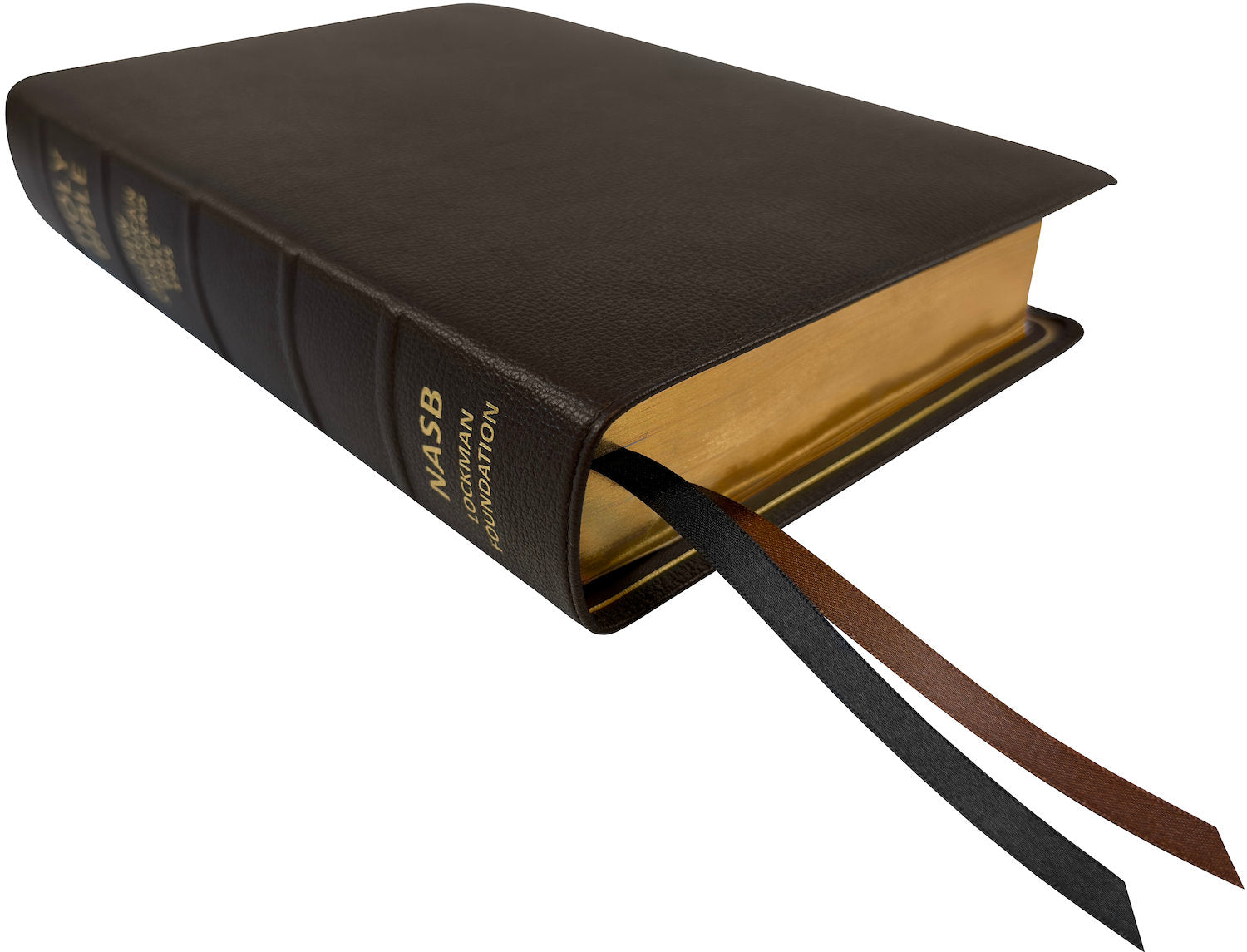 NASB 1995 Prime Giant Print Reference Bible, brown premium goatskin leather, angled side view with ribbon markers