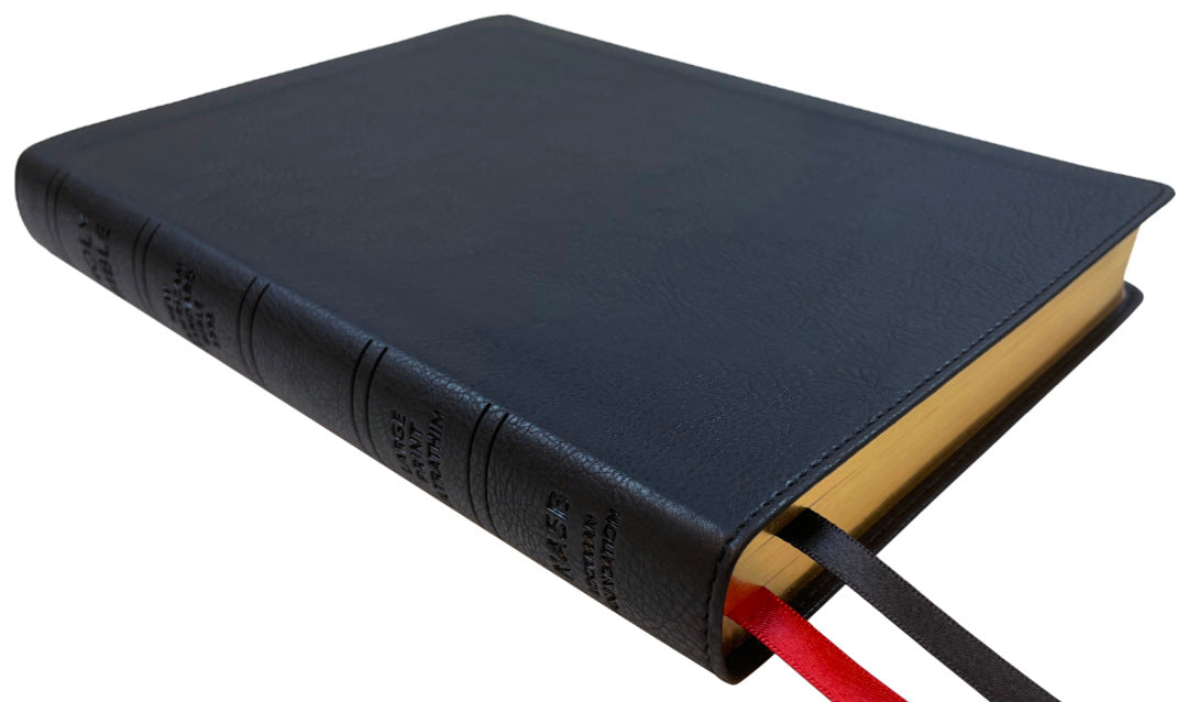 NASB 1995 Large Print Ultrathin Reference Bible, black leathertex, angled side view with ribbon markers