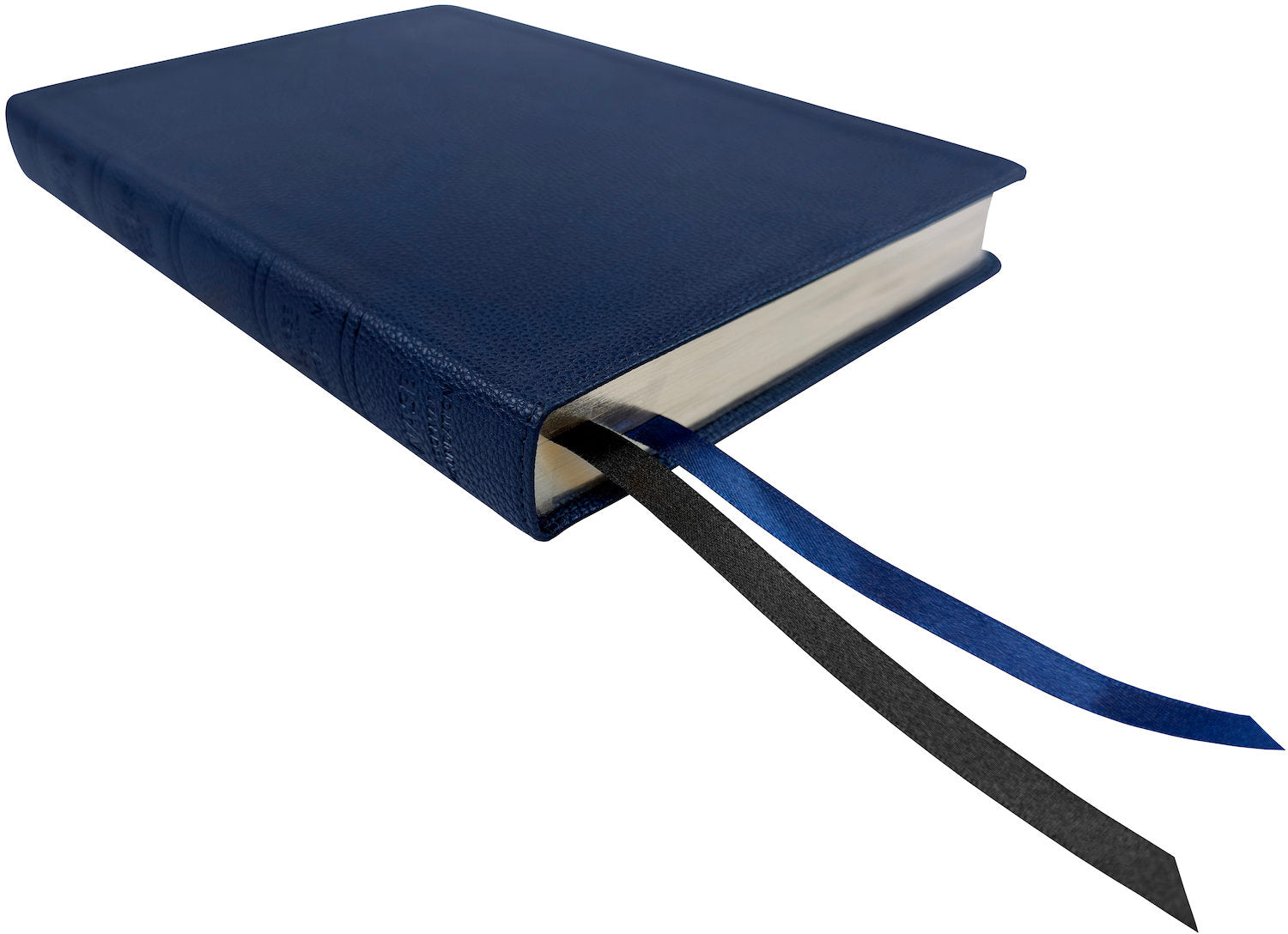 NASB 1995 Large Print Ultrathin Reference Bible, blue leathertex, angled side view with ribbon markers