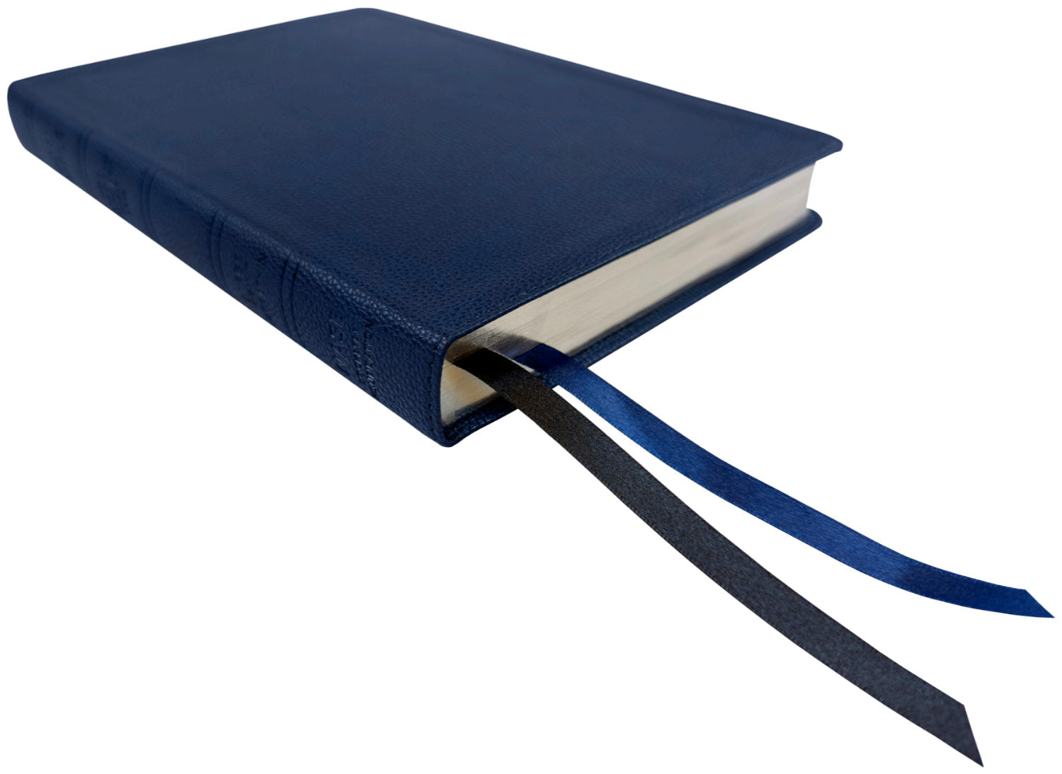 NASB 1995 Large Print Ultrathin Reference Bible, blue leathertex, angled side view with ribbon markers
