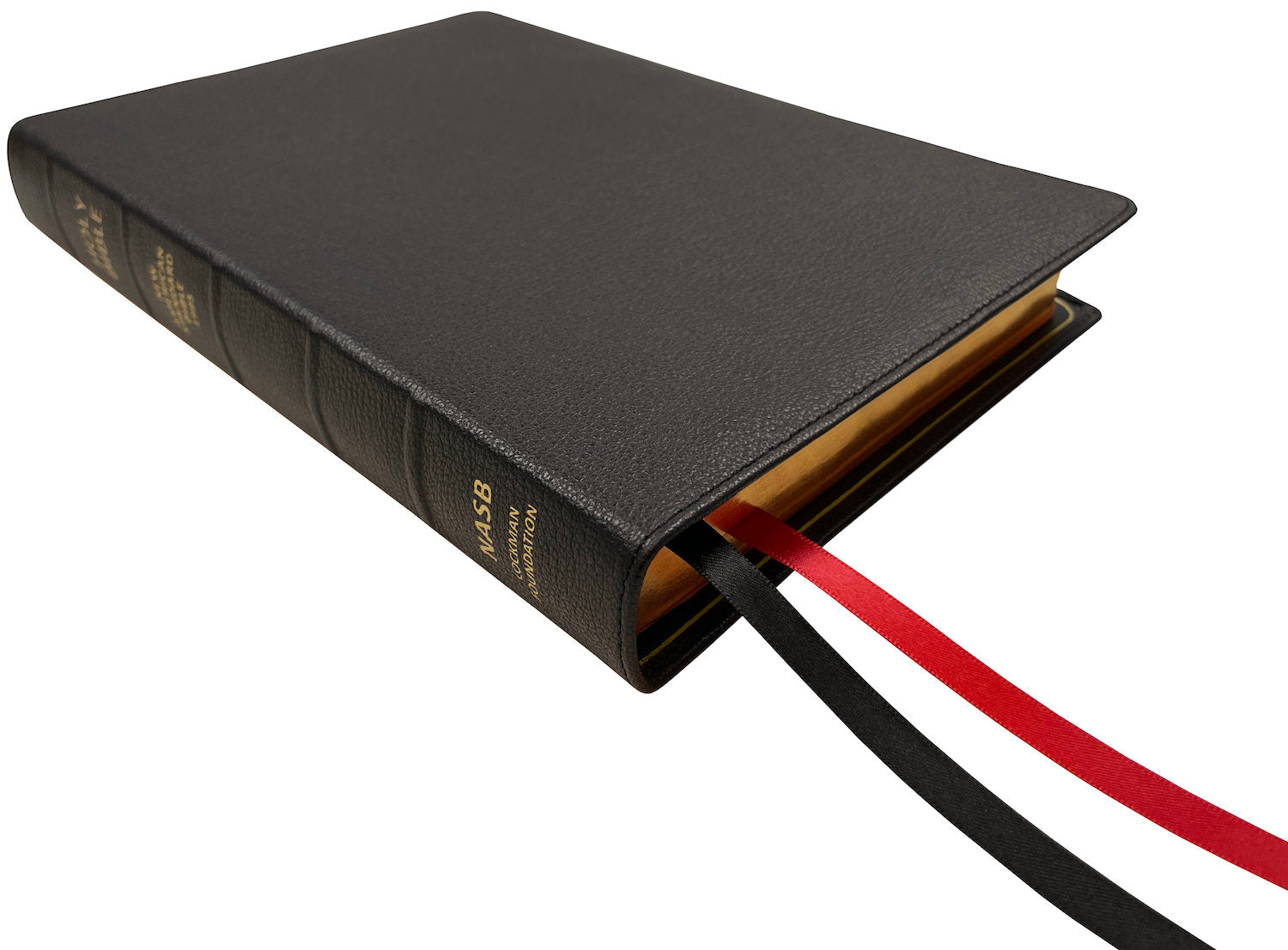 NASB 1995 Prime Large Print Ultrathin Reference Bible, black premium goatskin leather, angled side view with ribbon markers
