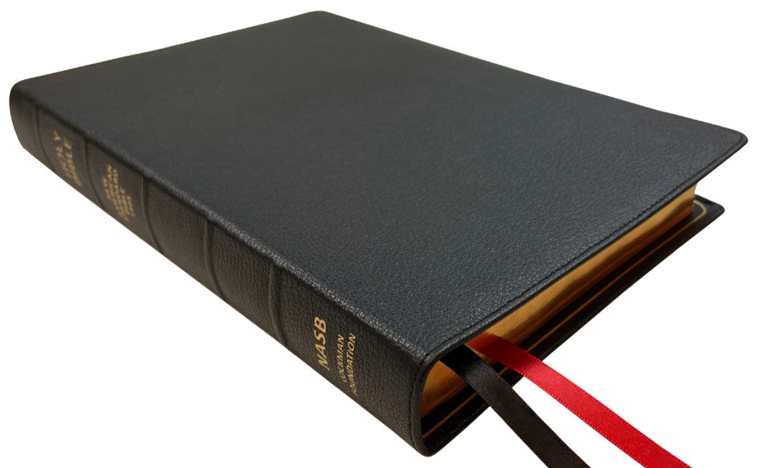 NASB 1995 Prime Large Print Ultrathin Reference Bible, black premium goatskin leather, angled side view with ribbon markers